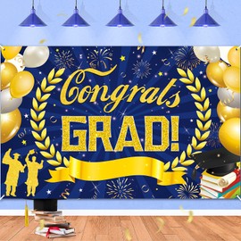 Navy Blue Graduation Party Decorations Gold Blue Congrats Grad Banner Class of 2025 Graduation Banner Supplies for 2025 High School College Students Graduation Party Large Backdrop Decor 72x44inch