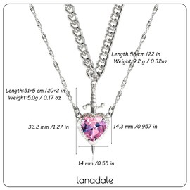 Lanadale Pink Heart Sword Matching Necklaces for Couples Him and Her, Silver Plated Stainless Steel Chain Friendship Necklace for Women Men BFF Necklaces for 2 Valentines Day Gift Gothic Jewelry