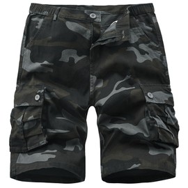 Vcansion Men's Casual Cargo Shorts Elastic Waist Drawstring Multi-Pocket Cotton Shorts Black Camo US 42