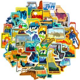 50PCS US States Map Stickers, Waterproof Vinyl Decal for Luggage Water Bottle Laptop Skateboard Bicycle Notebooks Scrapbooking, Cities of US Stickers for Teens Adults