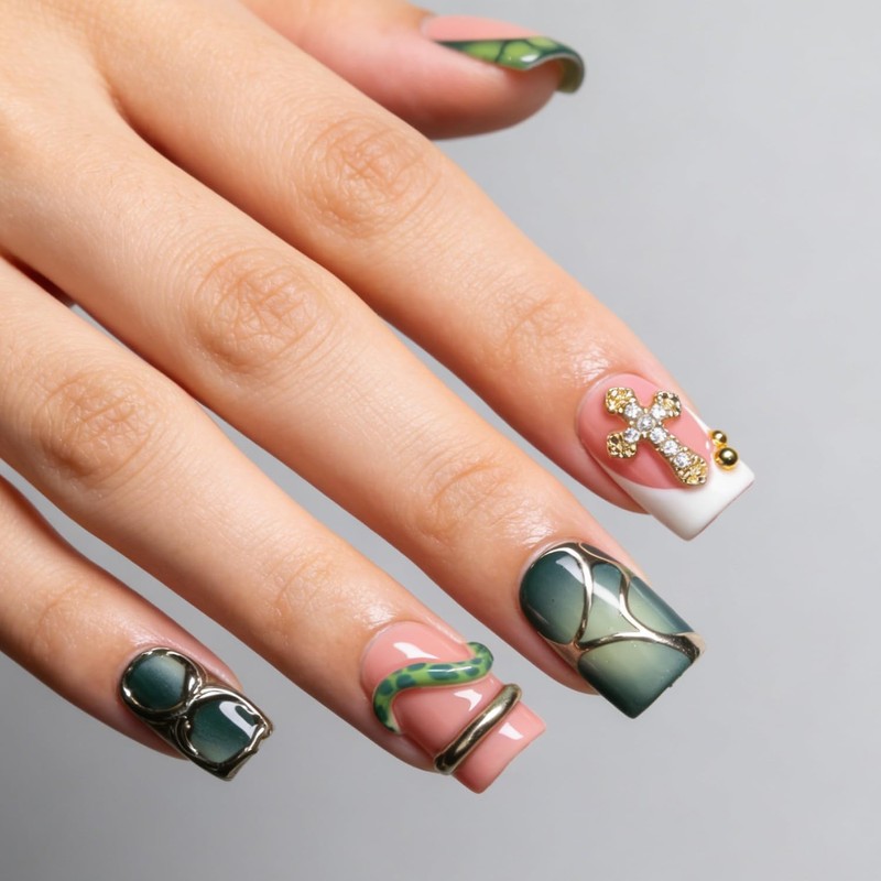 Handmade Square Press on Nails Green French Tip Short Stick