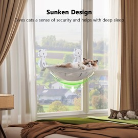 JUNSPOW Cat Window Perch Cordless, Glow in The Dark & Stable Cat Beds- Breathable Window Hammock for Overlooking, Sunbathing and Climbing - Maximum Hold Up to 40lb(Light Grey)