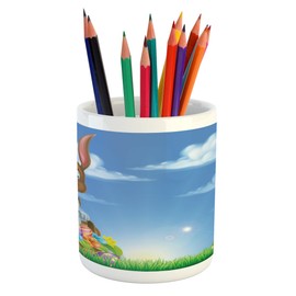 Lunarable Easter Pencil Pen Holder, Cartoon Rabbit Animal under Sky with Ornamental Eggs Garden Nature Image, Printed Ceramic Pencil Pen Holder for Desk Office Accessory, Blue Brown