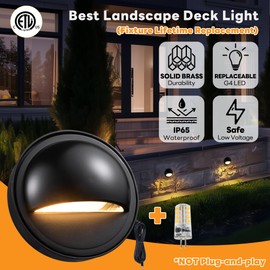 Gardenreet Solid Brass Deck Light - Low Voltage LED Step Light Outdoor, Landscape 12V Hardwired Waterproof, Round Black Lighting for Stair Fence Wall Yard with 2700K Warm White G4 Bulb