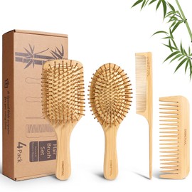 DEBETOOL Bamboo Hair Brush and Comb Set - Natural Wooden & Bamboo Brush for Hair Growth with Wide-tooth Tail Comb, Ergonomic Design for (Thick/Thin/Curly/Dry Hair) - Wooden Comb for Women Gift Kit