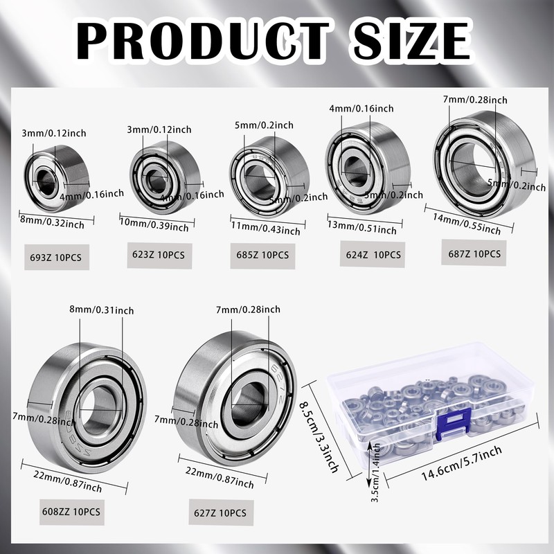 70 Pcs Ball Bearings Assortment Kit 608ZZ/ 693ZZ/ 623ZZ/ 624ZZ/