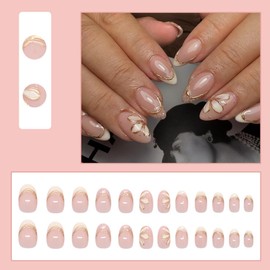 24pcs Flower Almond Shaped Fake Nails Glitter Gold Edge French Tip Press On Nails White Floral False Nails with Gold Edge Full Coverage Acrylic Artificial Fingernails Women DIY Spring Manicure