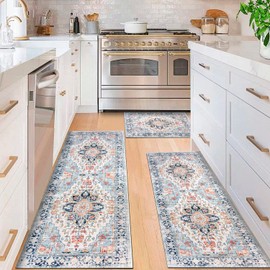 MOIAVAN Kitchen Rug Sets of 3 Non Slip Rubber Backing Kitchen Mats for Floor Easy to Clean Kitchen Area Rug for Laundry Room Entryway Hallway Blue Orange