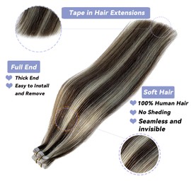 Blonde Tape in 100% Real Hair Extensions Human Hair,Light Brown to Blonde Highlights Soft Straight Skin Weft Remy Human Hair Extensions Tape in 30G/20Pieces Invisible Hair Extensions Tape in for Women