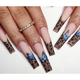 Vatocu Coffin Matte False Nails Long Butterflies False Nails Leopard Print on Nails Acrylic Stick on Nails for Women and Girls (Pack of 24)