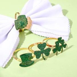Boderier St Patricks Day Napkin Rings Set of 12,Glitter Green Shamrock Hat Cup Napkin Holder Rings Irish Napkins Buckles for Holiday Party Table Decorations (12pcs Shamrock Hat Cup)
