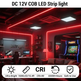 HAMRVL COB LED Strip Lights Red, 16.4ft DC12V Dimmable COB LED Lights with 1600 LEDs,Touch Dimmer,12V Adapter,Bright Dotless Adhesive Indoor Red LED Strip Lights for Cabinet Home DIY Lighting Projects