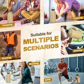 KawaGebo Kamp Half Gallon Water Bottle with Straw - 64 oz Stainless Steel Insulated Water Jug, Sport Bottle with 3 BPA Free Lids, Paracord Handle, Strap, Molle System for Outdoor Gym Hiking - Khaki