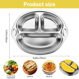 Chingcoo Stainless Steel Baby with Suction Cup, 304 Stainless Steel Baby Plate, Children's Plate with Suction Cup, Non-Slip Baby Plate with 3 Compartments, Dishwasher Safe