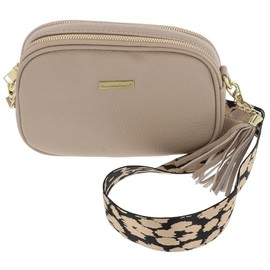 Equilibrium Cross Body Shoulder Bag With Two Zips and Fun Animal Print Strap Design and Tassel - Black, Cream or Navy with Gold Hardware (Cream)
