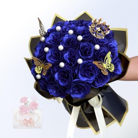 jabeick Glitter Roses Bouquet, Shiny Artificial Roses Flowers with Stems DIY Fake Glitter Flowers Bouquet for Valentine's Day, Mother's Day, Anniversary, Graduation, Birthday, Wedding, 24 Roses (Blue)