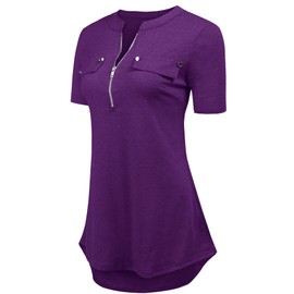 LuckyMore Womens V Neck 3/4 Long Sleeve Zipper Shirts Casual Swing Tunic Tops Blouse (XL, Purple-1)