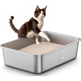 Stainless Steel Litter Box with Handle，Metal Cat Litter Box with High Sided for Big and Small Cats, Kitty Litter Box Low Entry, Non-Stick, Easy to Clean, Odor-Free, Small Litter Box, Cats Toilet