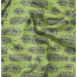 Soimoi Green Velvet Fabric Tribal Feather Printed Fabric 1 Yard 58 Inch Wide