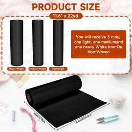 Iron-On Fusible Interfacing Combo Pack, 11.8" x 22yd - Includes Heavy, Medium, Light Weights | Non-Woven Polyester Suitable for Sewing, Crafts | Decovil Light, Fusible Fleece for Bags (Black)