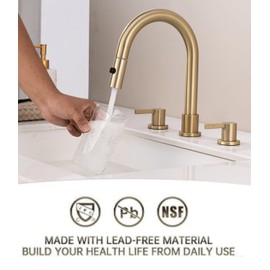 QEEMEE Pull Down Sprayer Brushed Gold Bathroom Sink Faucet, 8 Inch 3 Hole 2 Handles Widespread Pull Out Bathroom Faucet，with Metal Pop-Up Drain and Water Supply Line