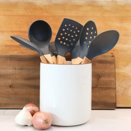 Beille 2pc Spoons Grey Nylon Kitchen Utensils Set with Soft Grip Ergonomic Wooden Handles High Heat Resistance