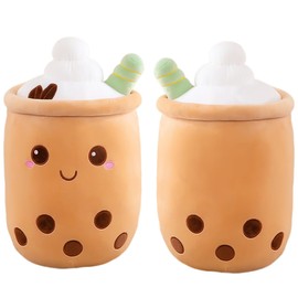 Aiuidun Bubble Tea Cuddly Toy, Boba Soft Toy, Plush Cushion, Toy, Soft Hug Pillow, Gift for Children, Girls, Boys (Brown Round Eyes, 50 cm)