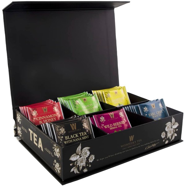 Wissotzky Artisan Collection Assorted Artisan Tea Bags (42 Individually Wrapped Tea Bags, 6 Flavors) Elegant Tea Chest, Great for Corporate & Holiday Gifts, Early Grey, Wild Berry, Chamomile, Black Tea with Nana Mint, Green Tea with Jasmine, Green Tea With Citrus Fruits