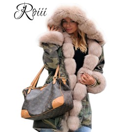 Roiii Womens Hooded Camouflage Warm Winter Coats Fleece Fur Jacket Down Parka Overcoat