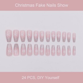 24-PCS Christmas Press on Nails Medium Fake Nails Snowflake Pattern False Nails Silver Glitter Fake Nails Glossy False Nails Full Cover Acrylic Nails for Women & Girls
