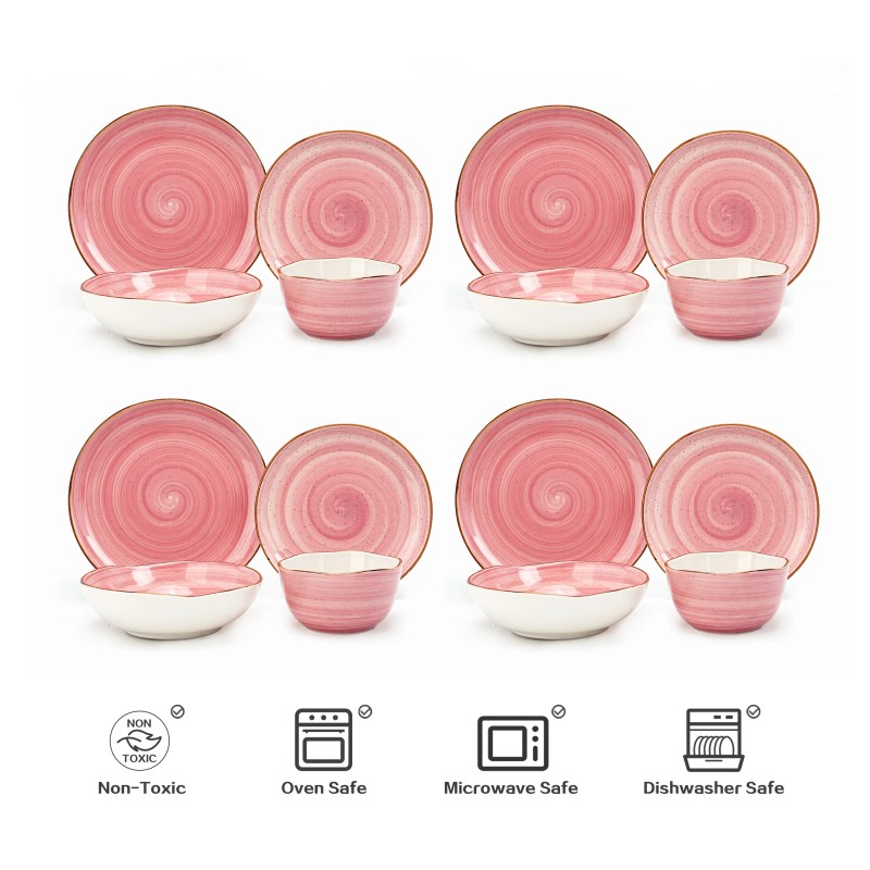 16pc Pink Irregular Sonoma Ceramic Stoneware Dinnerware Set Elegant Partical