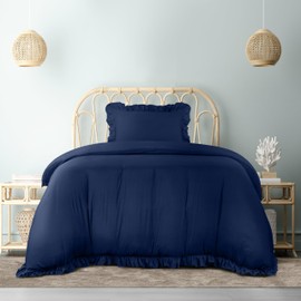 Utopia Bedding Ruffle Duvet Cover - Single Duvet Cover Set with Pillowcase - Soft Microfibre Polyester Ruffle Bedding (Navy)