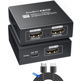 Avedio Links HDMI Splitter, 1 Input 2 Outputs, Supports 8K@60Hz/4K@120Hz, Downscaler Function, HDMI 2.1 Splitter, 48Gbps, VRR, ALLM, Type-C Power, HDR10+, Dolby Vision, Atmos, For Sound Bars, Capture Boards, TVs, Projectors