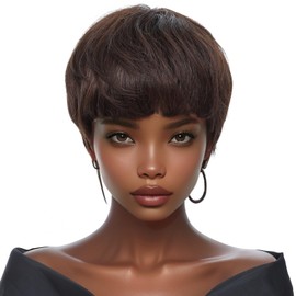 Angzon Pixie Cut Wig Human Hair Short Pixie Cut Wigs for Women Glueless Wig Human Hair Short Layered None Lace Front Wig with Bangs Brown Black Straight Wig