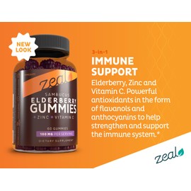Zeal Sambucus Elderberry Gummies + Zinc + Vitamin C - Daily Supplement for Children & Adults - Easy to Chew Vitamin Gummies - 100 mg Max Serving of Elderberry - 60 Count