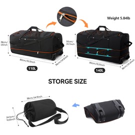 Bagenerous 110L/140L Expandable Soft-Sided Foldable Duffle Bag with 2 Rubber Wheels,Packable 32” Rolling Carry-On with Multi-Pockets & Compartments,Black Orange