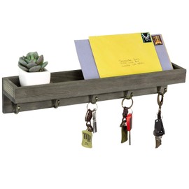 MyGift 16 Inch Floating Shelf, Vintage Gray Wood Wall-Mounted Entryway Mail Sorter with 5 Antique Key Hanging Hooks