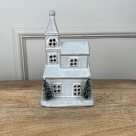 pf+a Ceramic LED Church Ornament - Neutral Christmas Decoration - Ceramic Christmas Church