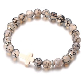 Halukakah Stone Beads Bracelet with Christian Cross, Natural Gemstone Crystal Stretchy Bracelet for Men Women Black Dragon Grain/Lava Stone/Turquoise, with Free Gift Box, Stone