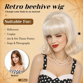 Detean Wigs for Women 60s 70s Retro Beehive Bouffant Bob Wig with Bangs Vintage Costume Wig for Halloween Party Cosplay Fun Wig (Blonde 613#)