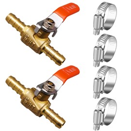 Horiznext 3/8 inch brass mini shut off ball barb valve for water fuel hose gas line rv air tubing, straight inlet manifold petcock 3/8 fuel shut off valve (2pcs with clamps kit)