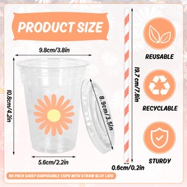 Whaline 60Pcs Daisy Disposable Plastic Cups with Lids and Straws White Pink Orange Daisy Flower Cold Beverage Drinking Cups for Wedding Birthday Baby Shower