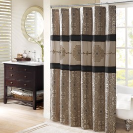 Madison Park Donovan Shower Curtain, Embroidered Jacquard Weave, Color Block Pieced Design, Traditional Bathroom D cor, Machine Washable, Fabric Privacy Screen 72x72 Black