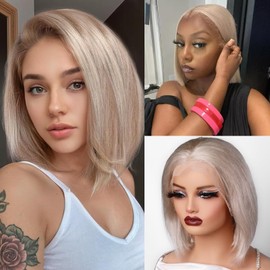 Ash Blonde Bob Wig Human Hair 13x4 HD Lace Front Wigs Short Bob Wigs Remy Human Hair 10 Inch Ash Blonde Deep Part Straight Glueless Closure Wig for Women Pre Plucked with Baby Hair 180% Density