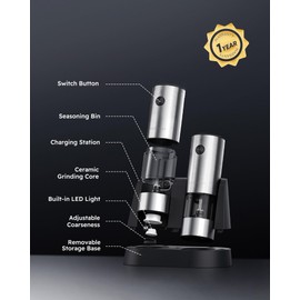 FORLIM Electric Salt and Pepper Grinder Set, USB Rechargeable Automatic Salt and Pepper Grinder Set with Upgraded Base, One Handed Operation Refillable Mill with Light, Adjustable Coarseness - 2 Mills
