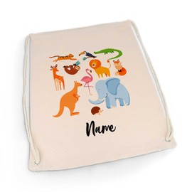 GRAVURZEILE Printed Gym Bag - Zoo Animals Design & Name of Choice - Sports Bag Backpack Daypack Gym Bag with Drawstring - for School & Leisure Sports - for Boys and Girls - 12 Litres 33 x 45 cm