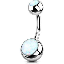 OUFER 14G Belly Button Piercing Titanium Piercing Navel Long Short White Opal Gemstone Balls Belly Button Piercing Navel Bars Silver 1.6 mm Navel Ring Woman Jewellery, Titanium