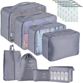 NEWKIBOU Organizadores de Viaje para Maletas,12 en 1 Set de Organizador de Equipaje,Impermeable Organizador de Maleta, para Ropa Zapatos, Cosméticos de bolsas organizadoras de viaje (Gris)