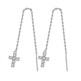 925 Sterling Silver Christian Cross Threader Drop Dangle Earrings with Clear Cubic Zirconia Accents Religion Jewellery Gift for Women, Sterling Silver, Cubic Zirconia