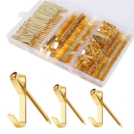 Yohong 184 Pieces Picture Hanging Kit with Nails, Picture Hangers Holds 20LB/30LB/50LB, Heavy Duty Picture Hanging Hooks for Hanging Pictures on Drywall Wooden Wall (Gold)